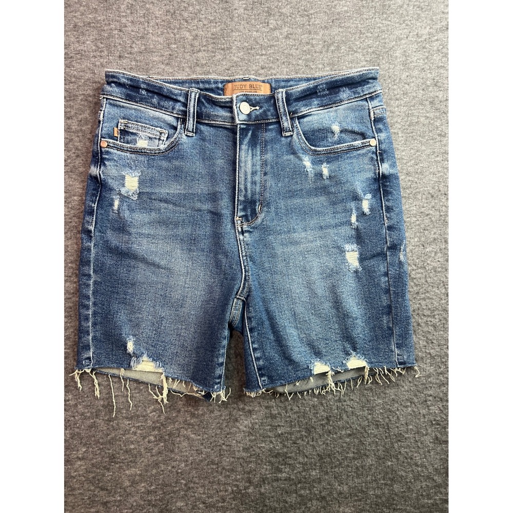Judy Blue Distressed Raw Hem Denim Shorts Blue JB150127 DK Womens Size L